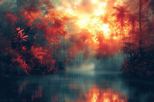 Art nature wallpaper sunset in misty tropical forest, romantic riverscape, in the style of exotic fantasy.