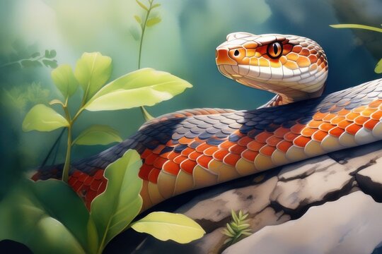 The snake is the symbol of year 2025. A cute little snake with big eyes in a summer forest, with grass and flowers. Calendar new year 2025.