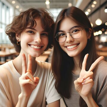 Deux copines se prenant en photo dans un restaurant