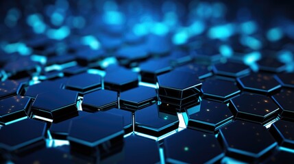 an abstract blue background of hexagons and technology, in the style of intertwined networks, luminescence, dark cyan and black