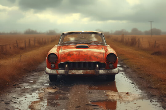 A photo of a classic car on a country road, edited with sepia tones to enhance its vintage feel. Concept of nostalgia and vintage travel. Generative Ai.