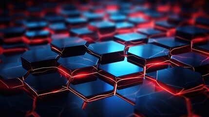 Fototapeta premium Wallpaper, hexagon textured surface with red lights showing through it, in the style of light black and azure