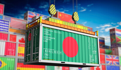 Freight shipping container with national flag of Bangladesh - 3D illustration - obrazy, fototapety, plakaty