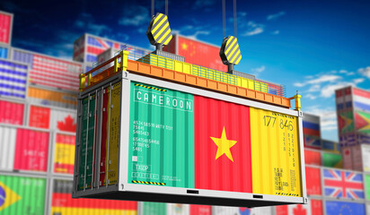 Freight shipping container with national flag of Cameroon - 3D illustration
