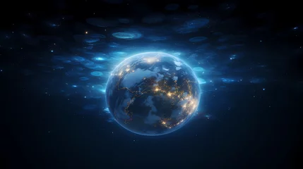 Lichtdoorlatende gordijnen Volle maan en bomen Blue space background with earth planet satellite view