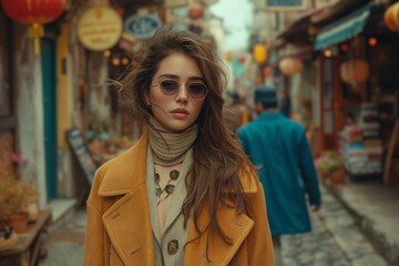 Obraz premium A street scene with contemporary fashion, edited to have the flair and tone of a vintage ad. Concept of modern street style with a retro influence. Generative Ai.