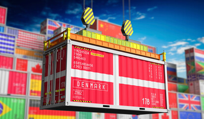 Freight shipping container with national flag of Denmark - 3D illustration - obrazy, fototapety, plakaty