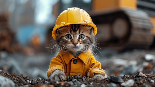 A cute cat is a worker in an orange helmet. A little furry engineer at a construction site