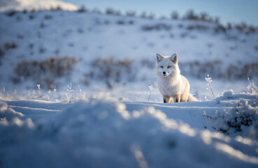 Un renard polaire à l'affût dans la neige en hiver - generative AI