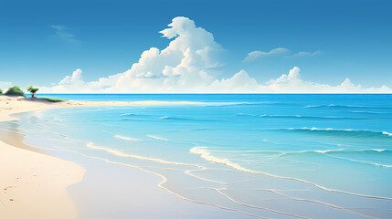 Sandy beach with light blue transparent water waves and sunlight, tranquil aerial beach scene