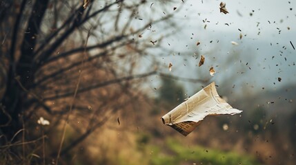 A discarded newspaper blowing in the wind, illustrating the transient nature of information and the challenges of staying informed in poverty. - obrazy, fototapety, plakaty