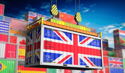 Freight shipping container with national flag of United Kingdom - 3D illustration - obrazy, fototapety, plakaty