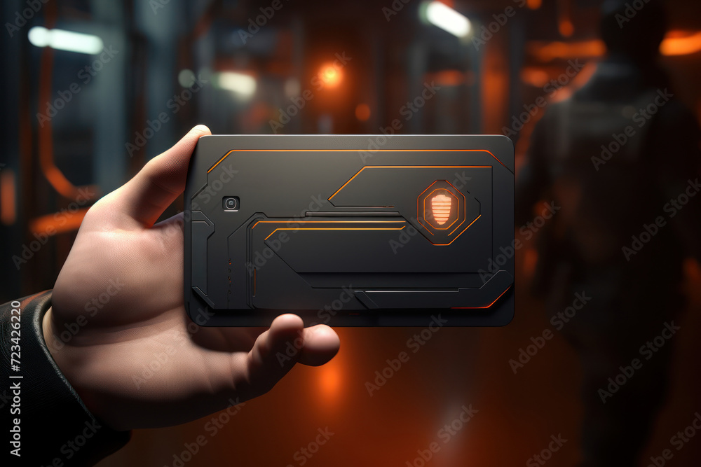 Poster a futuristic smart wallet that syncs with a user-friendly payment app, redefining convenience and se