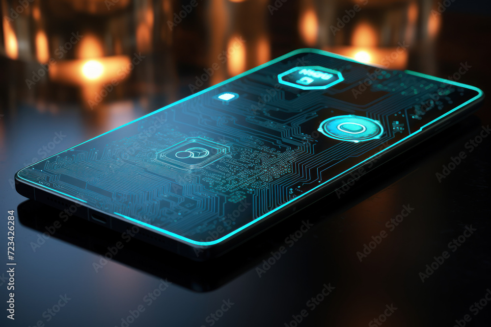 Poster an intelligent wallet designed for the modern era, featuring a sophisticated app interface for swift
