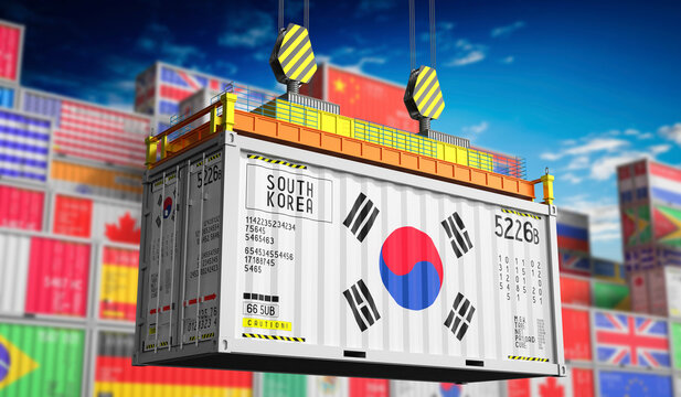 Freight shipping container with national flag of South Korea - 3D illustration