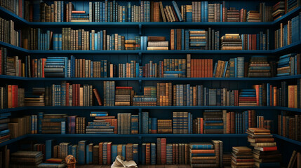 A Bookshelf Filled With Numerous Blue Books