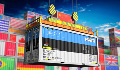 Freight shipping container with national flag of Estonia - 3D illustration - obrazy, fototapety, plakaty