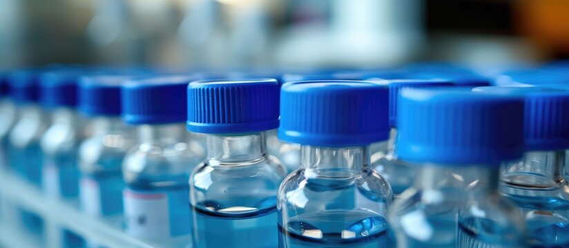 Used chromatographic vials with blue caps were contaminated, employed in HPLC analysis within an analytical chemistry laboratory for pharmaceutical and vaccine development, resulting in chemical waste
