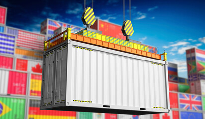 White freight shipping container in terminal - 3D illustration - obrazy, fototapety, plakaty