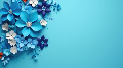 blue background or texture with spring flowers. frame, place for text. template, greeting card for Mother's Day, March 8