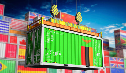 Freight shipping container with national flag of Zambia - 3D illustration