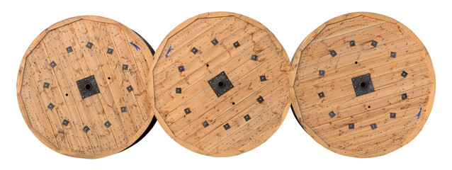 Wooden heavy cable reels, three vintage wood bobbins, electric fiber optic cables drums, electrical wires spools, steel wire cables industry large detailed isolated horizontal closeup white background - 723427248