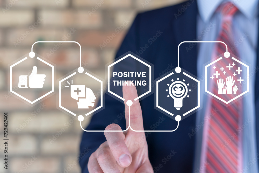 Poster man using virtual touchscreen clicks text: positive thinking. positive thinking concept. optimism, b