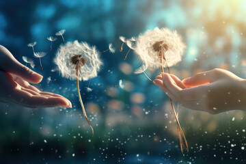 A pair of hands releasing dandelion seeds into the wind, symbolizing the dispersal of hopes and...