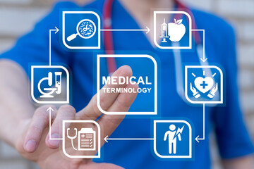 Doctor using virtual touchscreen presses inscription: MEDICAL TERMINOLOGY. Medicine terms Concept....