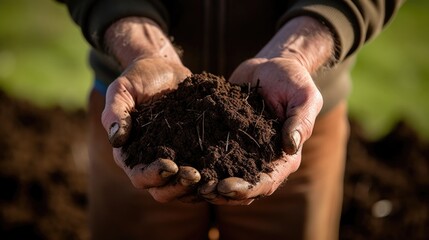 A detailed shot of a farmers hands gently cradling a handful of healthy soil. The soil is teeming with life, visible through the presence of earthworms, insects, and other beneficial organisms. - obrazy, fototapety, plakaty