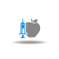 Vector illustration of apple and syringe. Icon of natural treatment therapy. Symbol of vitamins and minerals injection. Sign of agriculture fruit injections.