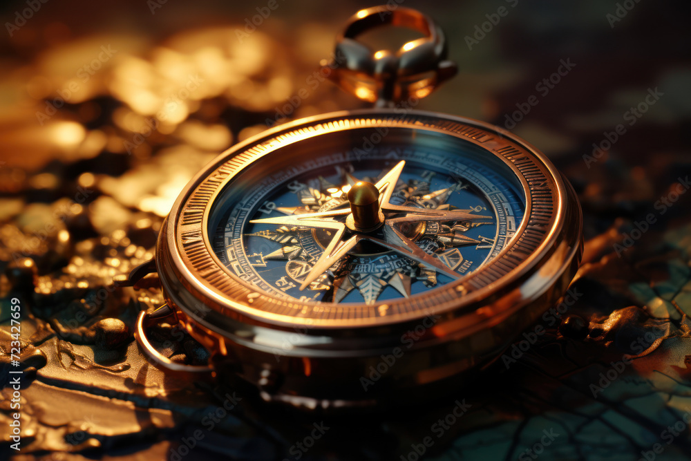 Poster a compass pointing in various directions, representing the exploration and navigation involved in th