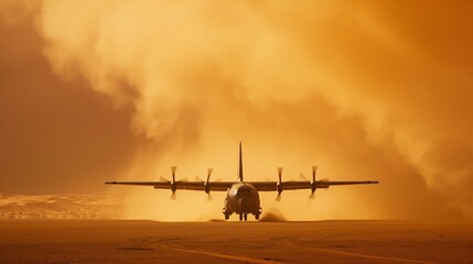 Turbulent Takeoff: Military Aircraft in Sandstorm. Generative ai - obrazy, fototapety, plakaty