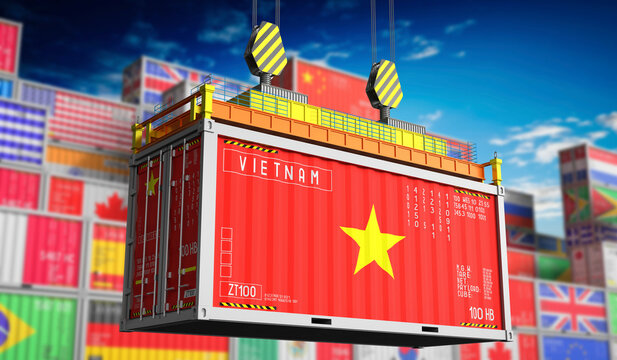Freight shipping container with national flag of Vietnam - 3D illustration