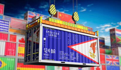 Freight shipping container with national flag of American Samoa - 3D illustration - obrazy, fototapety, plakaty