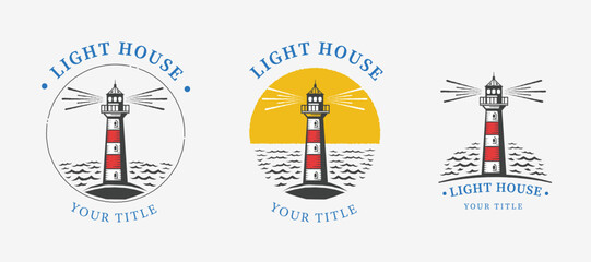 vintage Lighthouse and wave sea ocean hand drawn style design