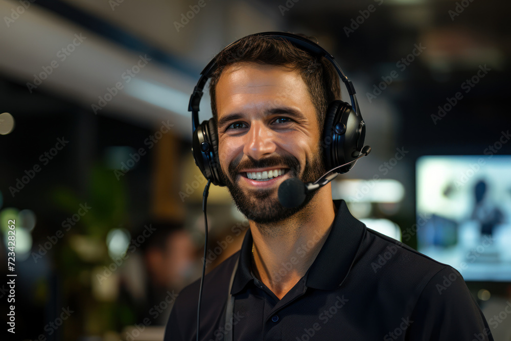 Poster a person wearing a headset in a customer service setting, representing the importance of communicati