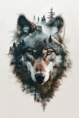 Mystical Wolf Double Exposure with Forest Landscape. Generative ai