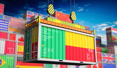 Freight shipping container with national flag of Benin - 3D illustration - obrazy, fototapety, plakaty