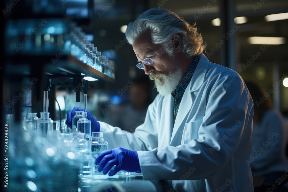 Poster a scientist conducting experiments in a laboratory, illustrating the pursuit of knowledge and breakt