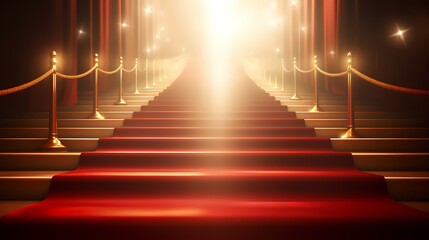 Red carpet staircase with smoke and spotlights, holiday awards ceremony event