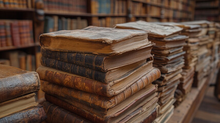 A Large Stack of Books on a Wooden Shelf