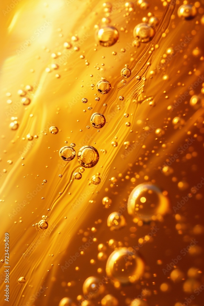 Poster golden effervescence: macro view of bubbles in liquid. generative ai