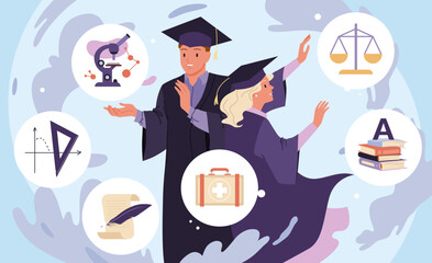 Choice of future profession by graduates. Young girl and boy in graduation gown and cap choose between professional careers in medicine and education, law and science cartoon vector illustration