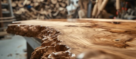 Manufacturing of live edge elm slab coffee table, focusing on woodworking production and furniture manufacture, captured in a close-up. - obrazy, fototapety, plakaty