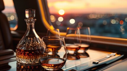In this intimate shot, the decanter and glasses take center stage, perfectly framed by the grandeur of the private jet window and the vibrant city landscape beyond. Every element exudes opulence - obrazy, fototapety, plakaty