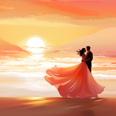 Love illustration, couple at sunset