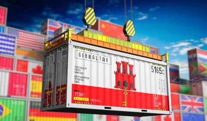 Freight shipping container with national flag of Giblartar - 3D illustration - obrazy, fototapety, plakaty