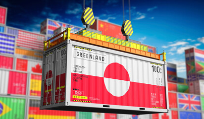 Freight shipping container with national flag of Greenland - 3D illustration - obrazy, fototapety, plakaty