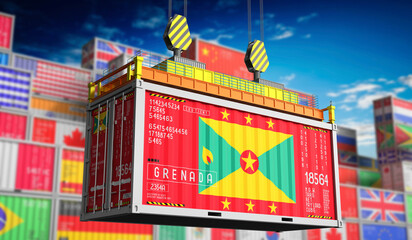 Freight shipping container with national flag of Grenada - 3D illustration